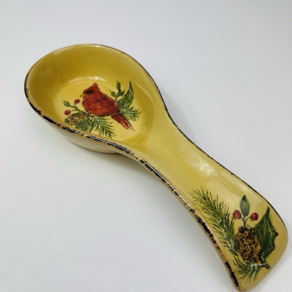 Hand painted Maxcera Cardinal Holiday Pine Holly Utensil Spoon Rest  10"